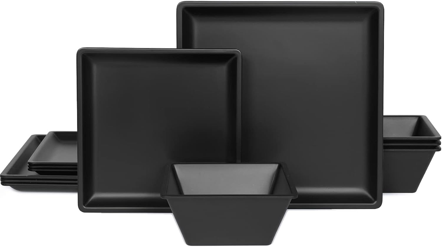 12 Piece Melamine Plates and Bowls Sets Square Dinner Set with Plates, Dishes, Bowls, Black Squar... | Amazon (US)