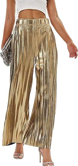 heipeiwa Women's Shiny Pleated Wide Leg Pants Party Nightout High Elastic Waist Trouser Outfit Cl... | Amazon (US)