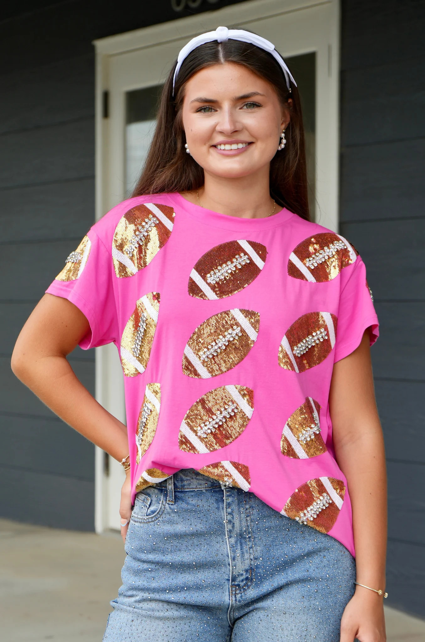 Rhinestone Lace Football Tee - Pink & Gold [Queen of Sparkles] | Pink Creek