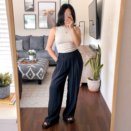 get 15% off these pants with code: JESSM15 💕 i’m wearing these pants in a size medium and inseam regular. they fit true to size but are too long (i should have ordered inseam petite as i’m 5’3”). the pants have no front button or zipper closure but they have a stretchy elastic waistband. the fabric is linen-like and is comfortable, lightweight, baggy, and ideal for summer. the pants are opaque, have pockets, belt loops, and high-waisted. // i’m wearing this top in a size medium and it fits snug. the fabric is waffle textured and is a bit see-through (bra required). 

#LTKFindsUnder50 #LTKStyleTip #LTKSaleAlert