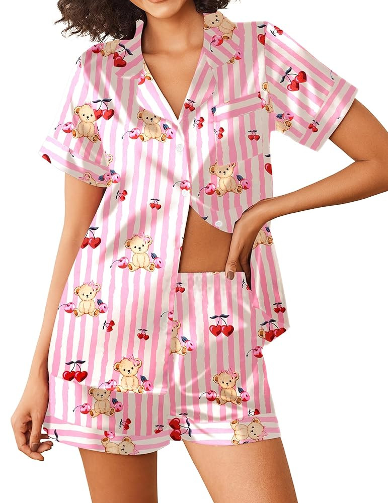 Ekouaer Womens Silk Satin Pajamas Sets 2 Piece Short Sleeve Sleepwear Button Down Top and Shorts ... | Amazon (US)