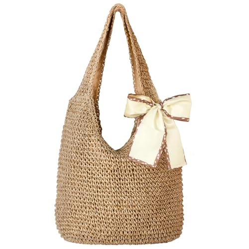 Straw Beach Bag for Women Tote - Handmade Raffia Woven Summer Purse, Vacation Holiday Beach Essential Shoulder Handbag | Amazon (US)