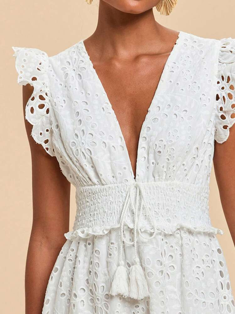Travachic Summer Solid Color Embroidery Eyelets Woven V-Neck Long Dresses For Women With Hoodie,White Dress,Summer Clothes,Beach Outfits For Woman White Dresses For Women,Bohemian Clothes | SHEIN