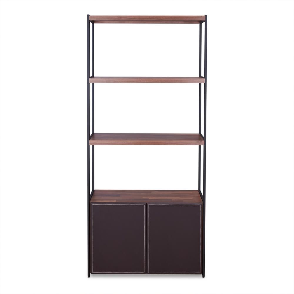 Acme Furniture 70 in. Walnut/Sandy Black Metal 4-shelf Etagere Bookcase with Doors, Walnut and Sandy | The Home Depot