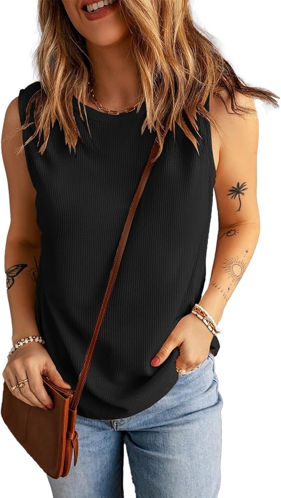 KINLONSAIR Women's Loose Fit Sleeveless Waffle Tank Tops Casual Crew Neck Knitted Tees | Amazon (US)