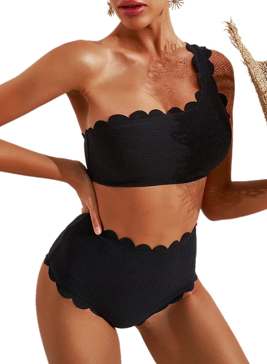 Aleumdr One Shoulder Bikini Set for Women Scalloped Trim Swismuit High Waisted Two Piece Bathing ... | Amazon (US)