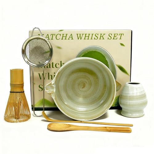 Matcha Whisk Set, 6 Piece Matcha Kit with Bamboo Whisk Ceramic Bowl with Spout Sifter Scoop Traditional Japanese Tea Accessories for Home or Gifts (set of 6) | Amazon (US)