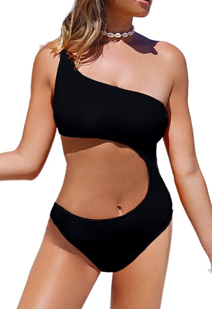 REKITA One Shoulder Swimsuits for Women Tie Waist Cutout One Piece Bikini | Amazon (US)