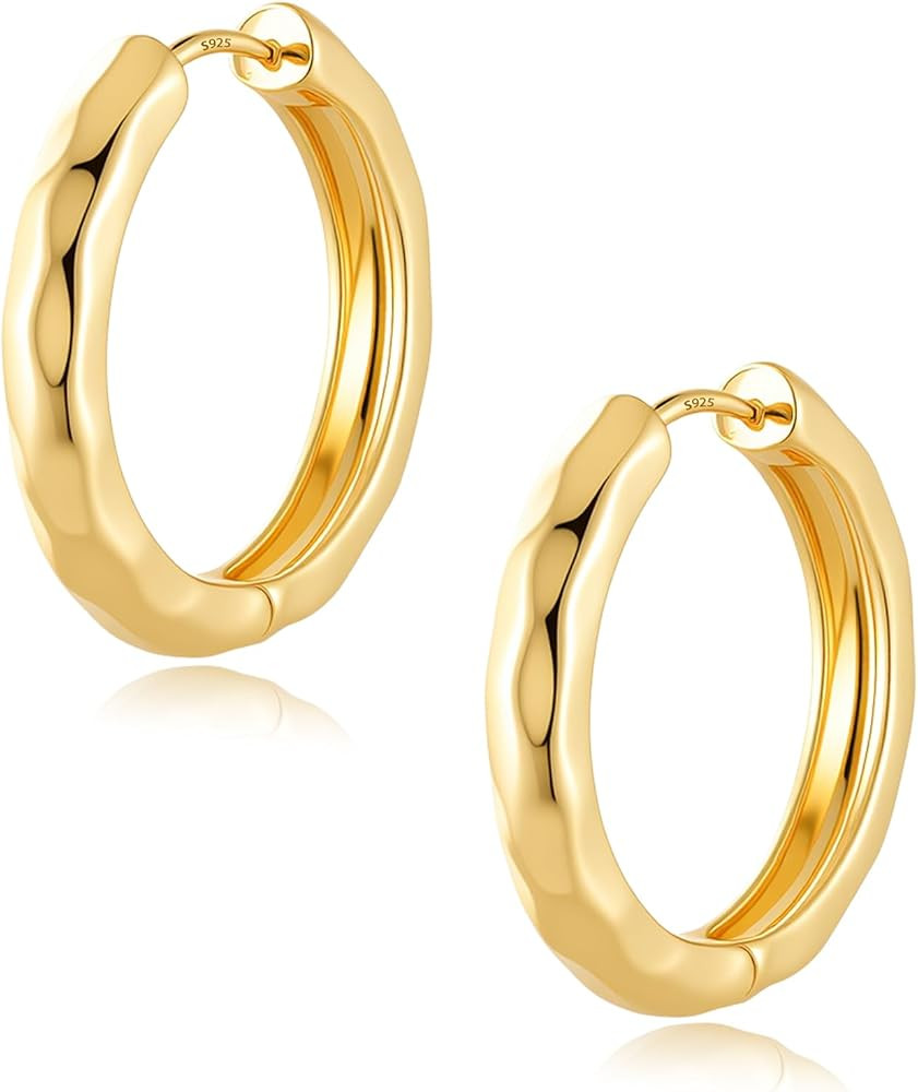 14K Gold Plated Chunky Hoop Earrings for Women, Hypoallergenic 925 Sterling Silver Posts, Lightwe... | Amazon (US)