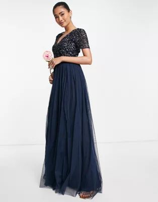 Maya Bridesmaid short sleeve maxi tulle dress with tonal delicate sequins in navy | ASOS (Global)