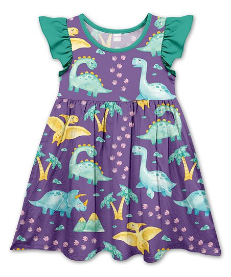 Penelope Plumm Iris Purple Dinosaurs Angel-Sleeve Dress - Toddler & Girls | Zulily