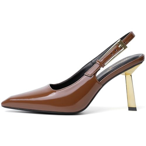 RIBONGZ Slingback Kitten Heels for Womens Pumps Closed Pointed Toe Brown Stiletto Heels Sexy Wedding Bride Prom Party Evening Dressy Brown Shoes 7 | Amazon (US)