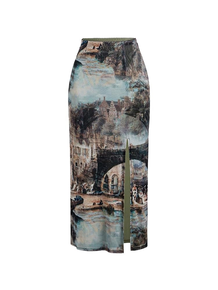 WDIRARA Women's Vintage Printed High Waisted Split Thigh Summer Causal Midi Skirt | Amazon (US)
