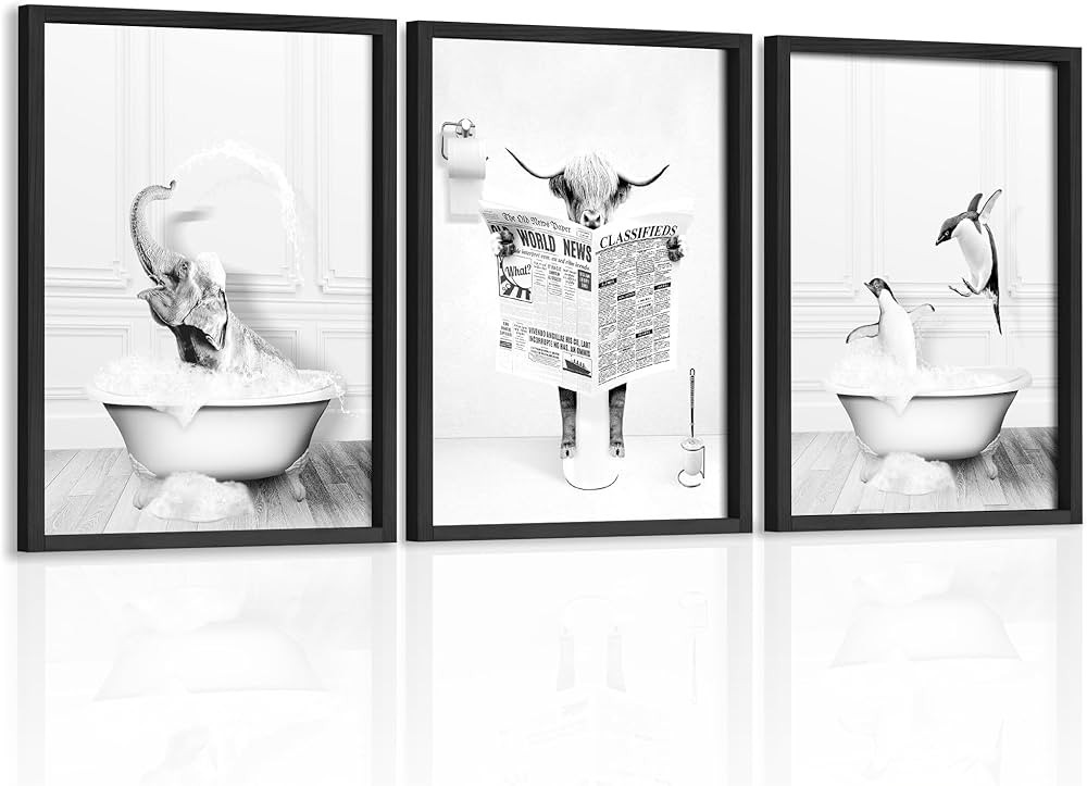 Heiple Set of 3 Framed Bathroom Wall Art Funny Penguin, Cow & Elephant for Funny Bathroom Wall De... | Amazon (CA)