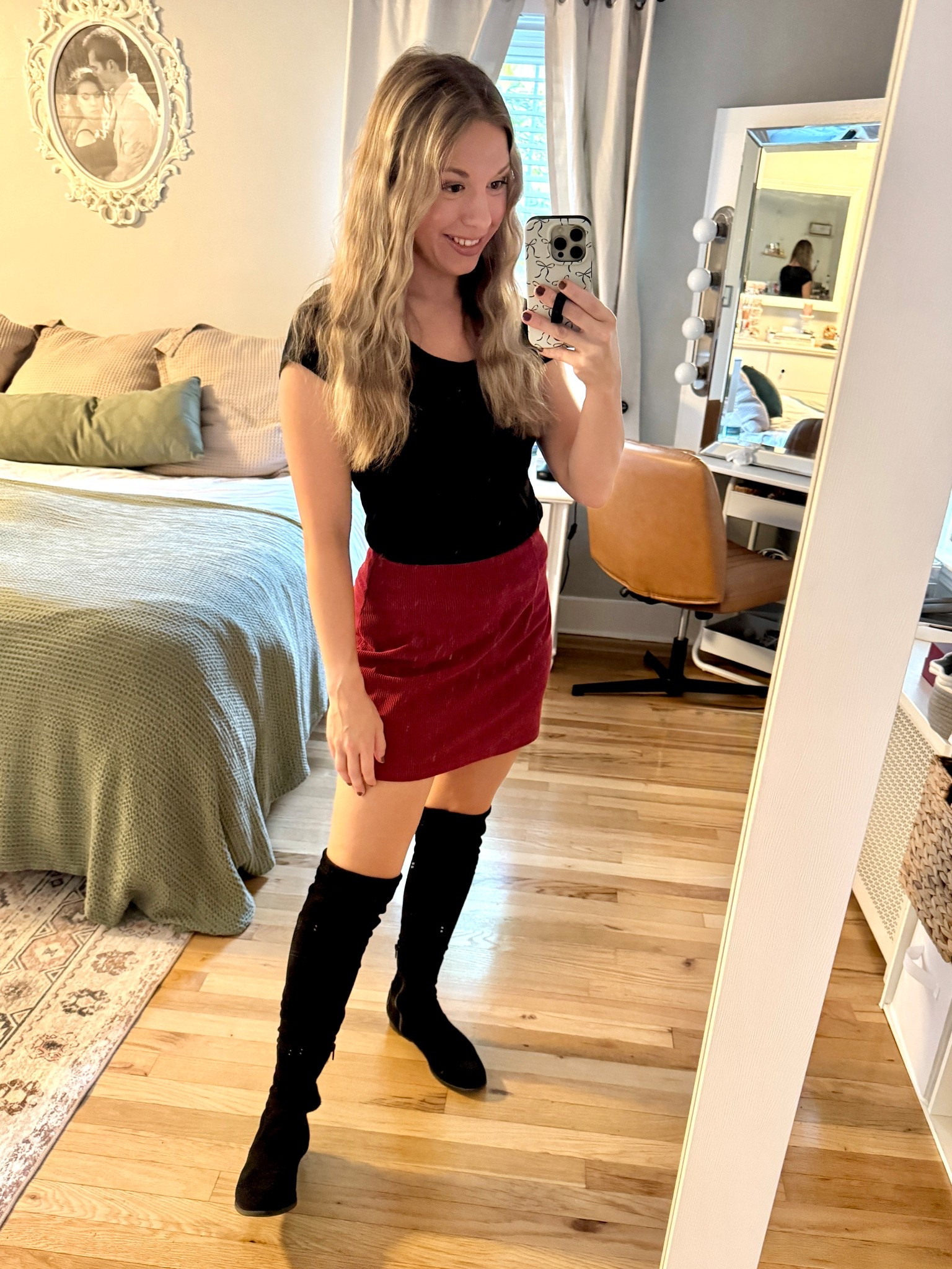 OOTD: keeping it simple with a cozy fall vibe 🍂 
black tee, mini skirt + over-the-knee boots = easy + cute 🙌🏼
Top-small
Skirt- small 
#OOTD #FallOutfit #MomStyle #ComfyCute #LTKFallFashion #AffordableStyle

#LTKFindsUnder50 #LTKPetite #LTKSaleAlert
