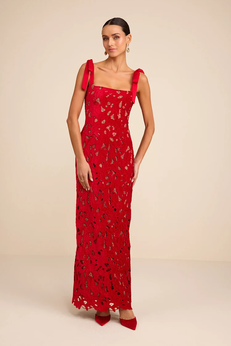 Ramsey Red Embroidered Tie-Strap Maxi Dress | Lulus