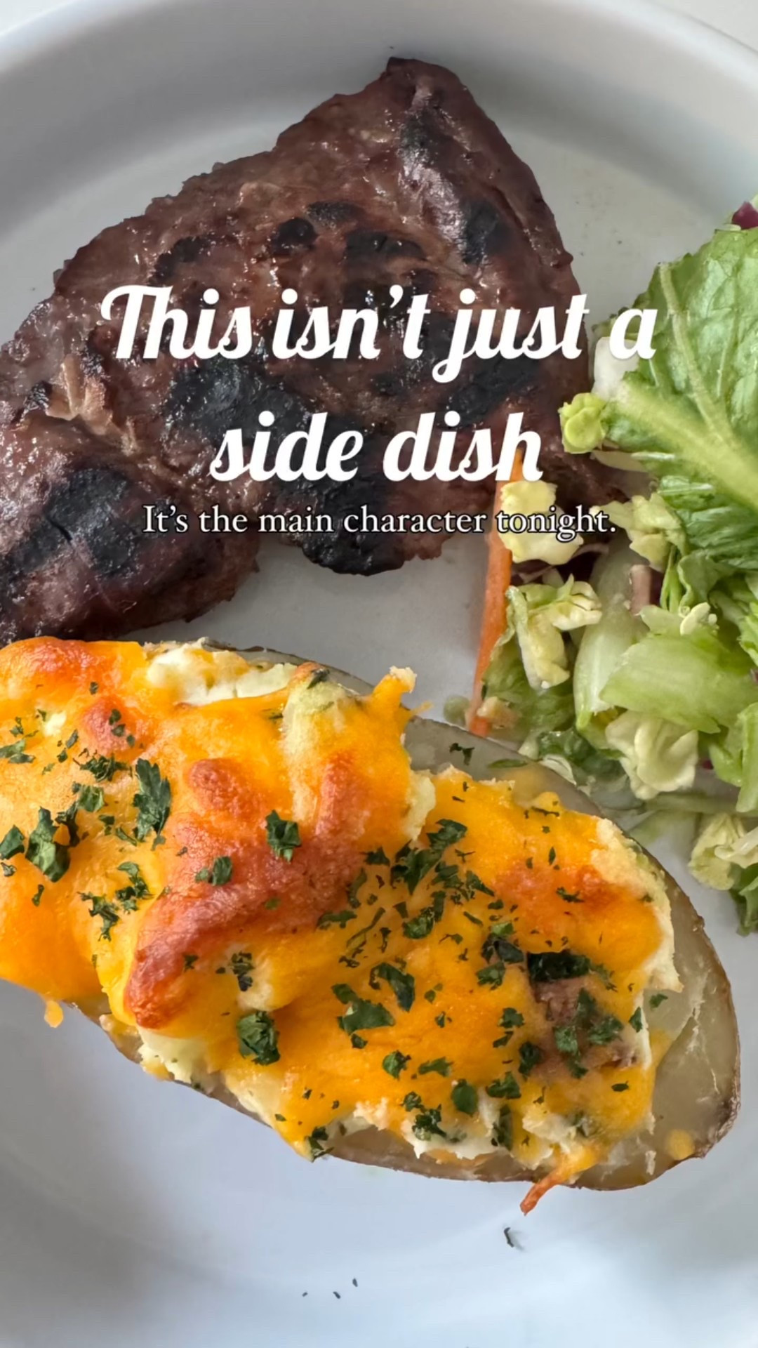 Can we talk about this stuffed potato perfection? 

A loaded twice-baked potato with crispy cheddar, creamy filling, and fresh herbs, paired with a juicy grilled steak, and a crisp side salad. This is what dinner dreams are made of. 💯

Ingredients:
4 large russet potatoes
1 tbsp butter
Salt and pepper (to taste)
1 bar of cream cheese
2 cups shredded cheddar cheese
1/2 cup cooked and crumbled bacon
1/4 cup of parsley 
	
Instructions:
1️⃣Boil the potatoes
2️⃣Scoop and mix
Once slightly cooled, slice each potato lengthwise.
Carefully scoop out the inside, leaving a thin layer to keep the shell intact.
In a bowl, mix the scooped potato with 1 cup of cheese, the bacon, parsley, cream cheese, butter, salt/pepper until creamy.
3️⃣Stuff and top
Spoon the mixture back into the potato skins.
Sprinkle the other 1 cup of cheese on top.
4️⃣Bake
Bake potatoes at 350 degrees for 15-20 minutes, until golden and heated through.
5️⃣Garnish with parsley and serve

Simple, satisfying, and so easy to recreate. Who else is a fan of hearty comfort meals like this?

#StuffedPotato #TwiceBakedPotato #ComfortFood #CheesyGoodness #HomeCookedMeal #FoodieFavorites #EasyDinnerIdeas #DinnerInspo #FoodLovers #savorybites #kitchenaid #kitchenaidmixer