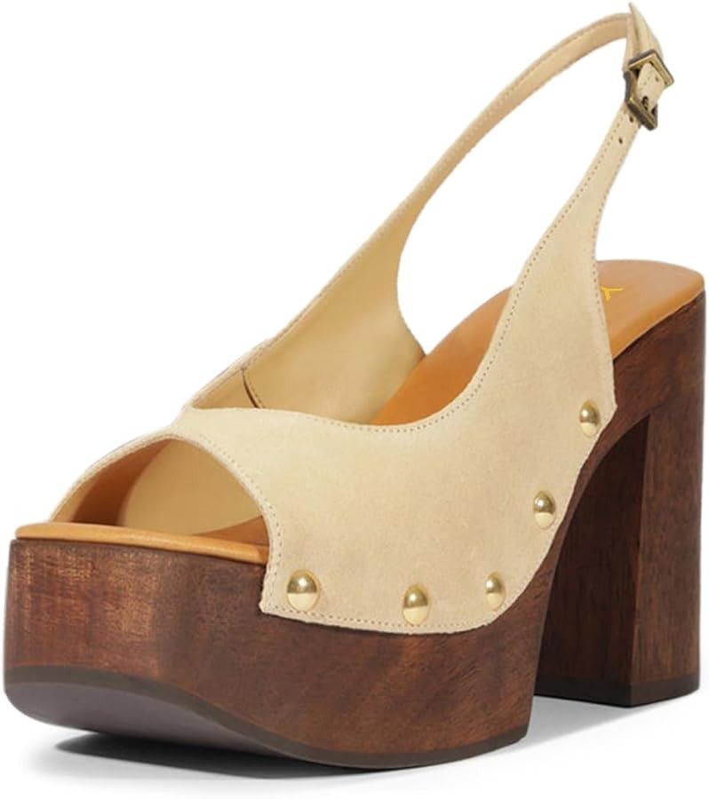 YDN Women's Rivet Studded Platform Chunky Block High Heeled Sandals Slingback Buckle Strap Clog S... | Amazon (US)