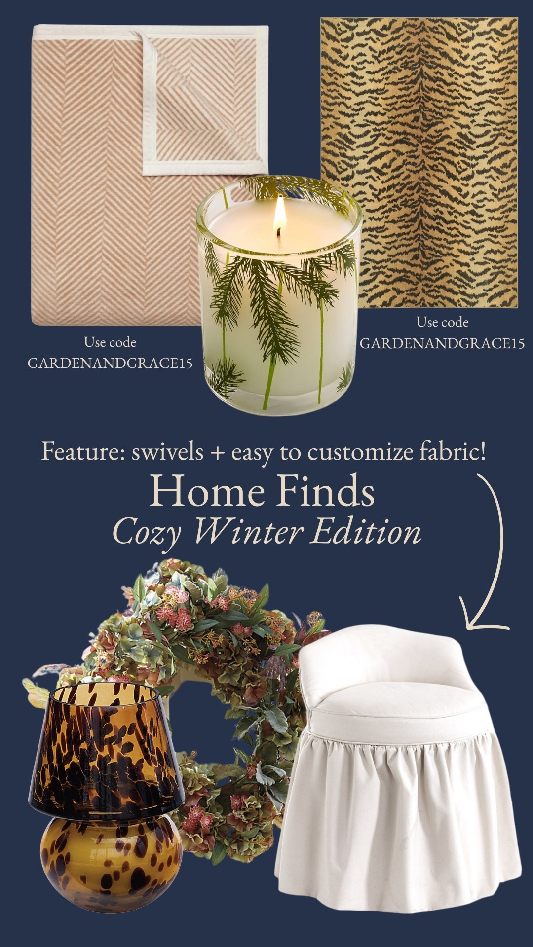 Cozy home finds to warm up your home this winter season! The featured product here is the swivel chair with ruffles that can be custom made with a selection of several solid and patterned fabrics. It would work so well as a vanity stool!

Make sure to use code GARDENANDGRACE15 for 15% OFF everyone’s large blanket that’s machine washable without the piling (!!) and the life family rugs that now have more cushion and a built in rug pad. I love the new collection with Scalamandre! 

#LTKSaleAlert #LTKHome