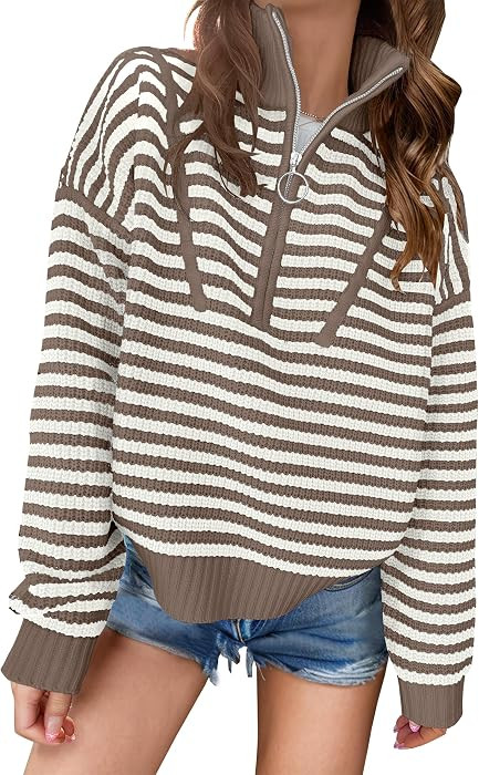ANRABESS Womens Striped Quarter Zip Fall Sweater Tops | Amazon (US)