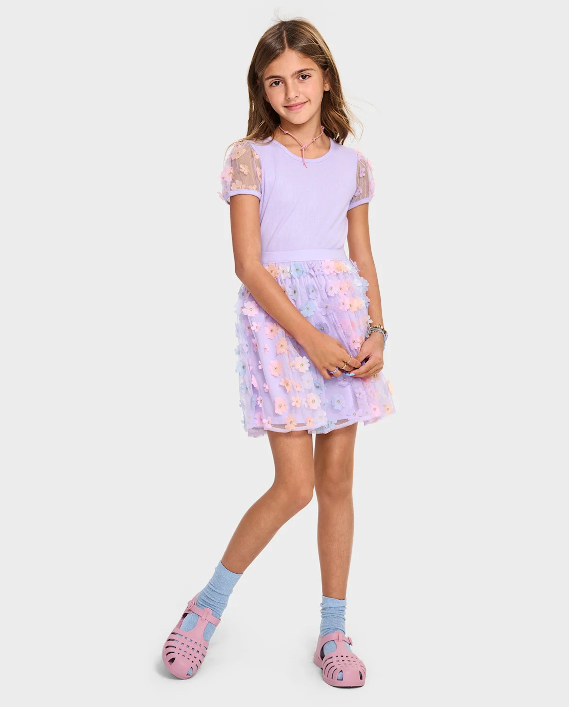 Girls 3D Flower Mesh Fit And Flare Dress - purple | The Children's Place
