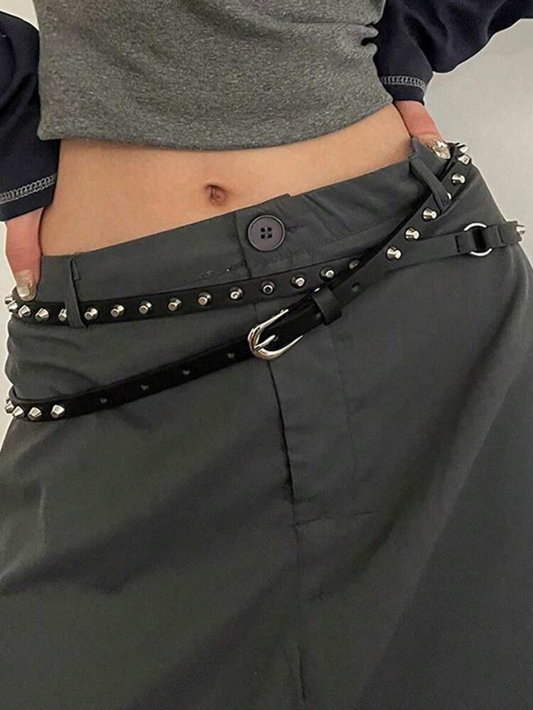 1pc Punk Metal Buckle Rivet Black Belt, Y2K Goth Double Layer Thin Leather Belt, Very Long, Suita... | SHEIN