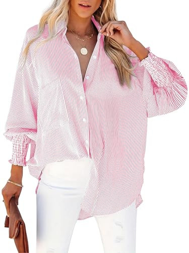 HOTEVE Pink Button Down Shirt Women Boyfriend Shirts for Blouses & Button-Down Womens Smocked Cuffed Striped Women's up Pink 31 Size M | Amazon (US)