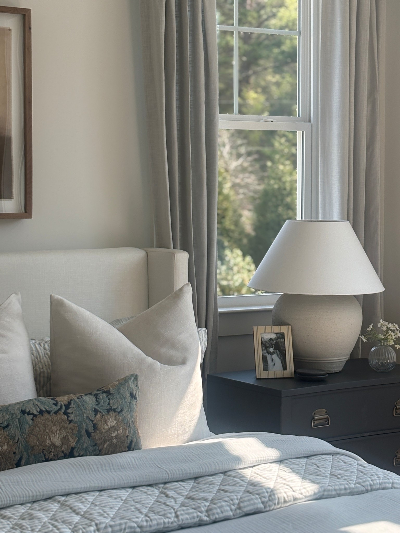 Neutral bedroom styling with linen curtains, oversized ceramic lamp, and layered throw pillows for that soft, elevated look 🤍 everything linked here 

 #LTKHome