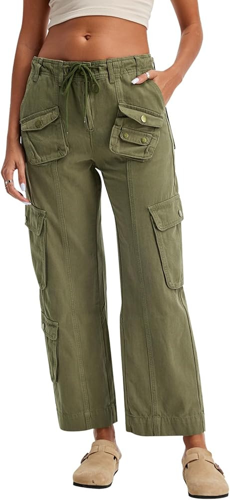 Cargo Pants for Women Low Rise Drawstring Waist 7 Pockets Hiking Work Wide Leg Pants with Zipper ... | Amazon (US)