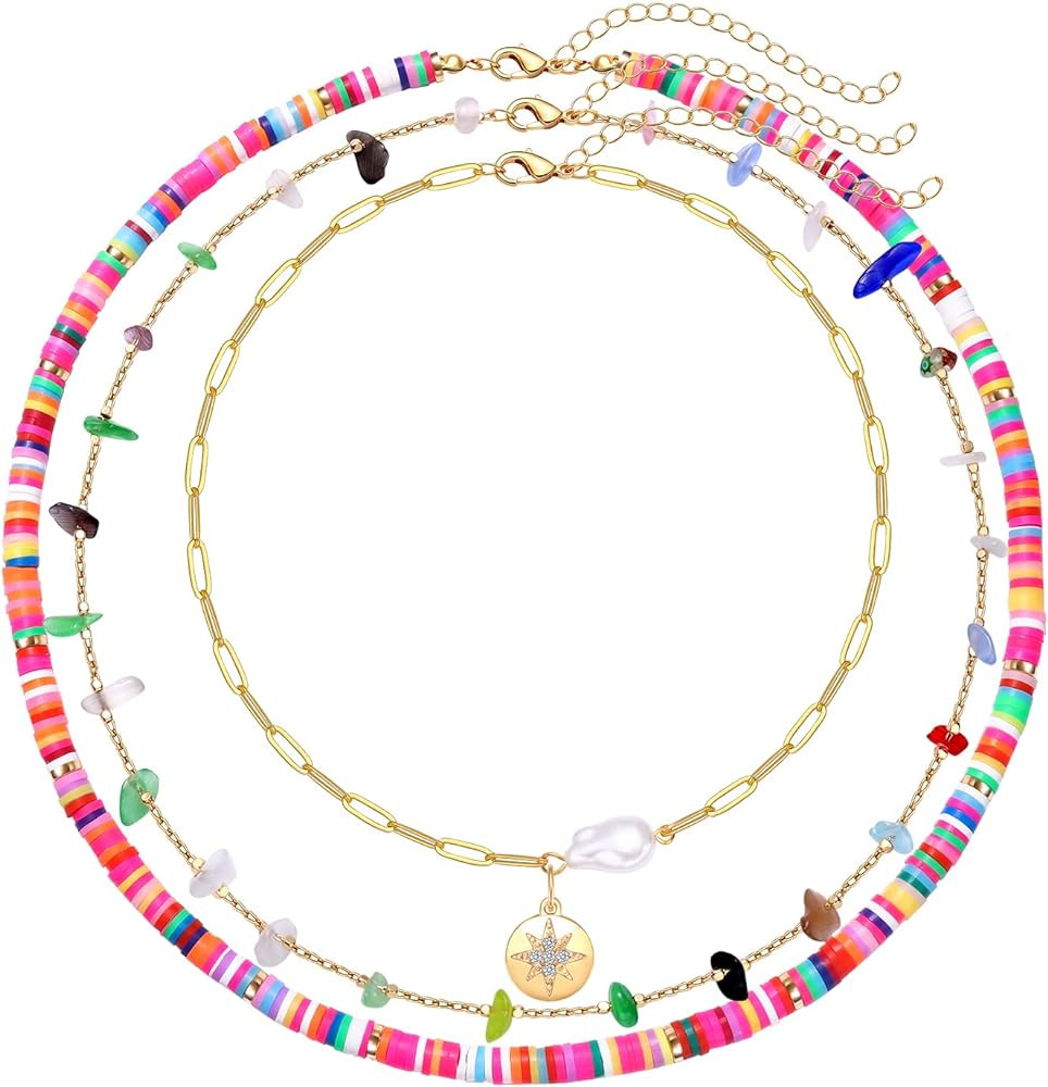 Surfer Heishi Bead Choker Necklace For Woman Star Pearl Polymer Clay Record Disc Beads Layered Ne... | Amazon (US)