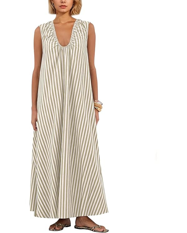 Women Sleeveless Ruched Maxi Dress Scoop Neck Long Elegant Dresses Wide Shoulder Strap Blouse Dre... | Amazon (US)