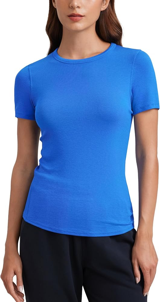 CRZ YOGA Womens Ribbed Modal Casual Short Sleeve Crew Neck Basic Shirts Going Out Soft Fitted Str... | Amazon (US)
