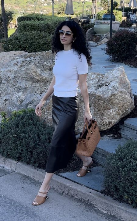 The softest leather skirt you will ever wear. It’s so thin and hugs your body in all the right places. The  brown color is a great neutral. I paired it with a camel and off white. The fendi heels are also comfortable. 

#LTKover40 #LTKstyletip #LTKSeasonal