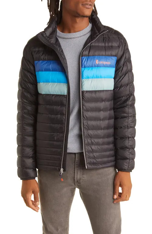 Cotopaxi Fuego 800 Fill Power Down Jacket in Black & Pacific Stripes at Nordstrom, Size Small | Nordstrom