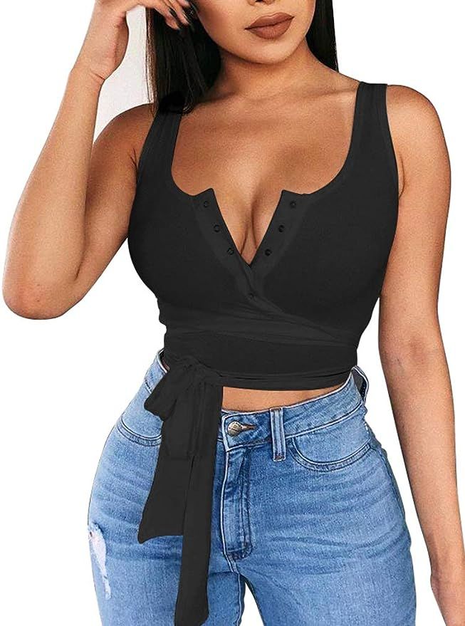 LAGSHIAN Women's Sexy Summer Button Sleeveless Tank Strappy Casual Basic Crop Top | Amazon (US)