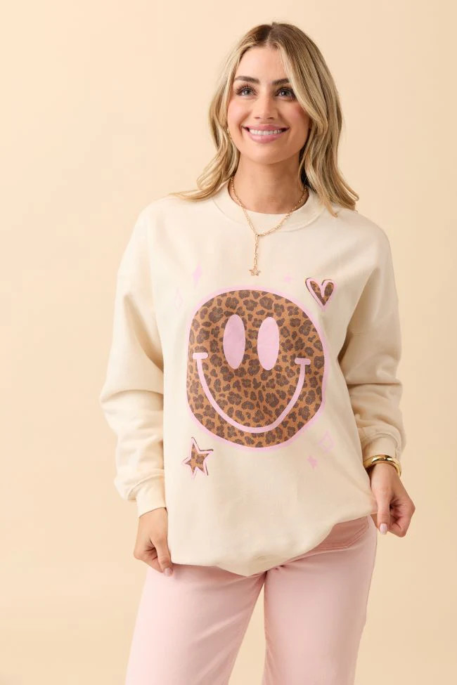 Leopard Smiley Face Cream Graphic Sweatshirt | Pink Lily