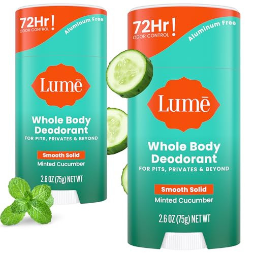Lume Whole Body Deodorant - Smooth Solid Stick - 72 Hour Odor Control - Aluminum Free, Baking Soda Free and Skin Safe - 2.6 Ounce (Pack of 2) (Minted Cucumber) | Amazon (US)