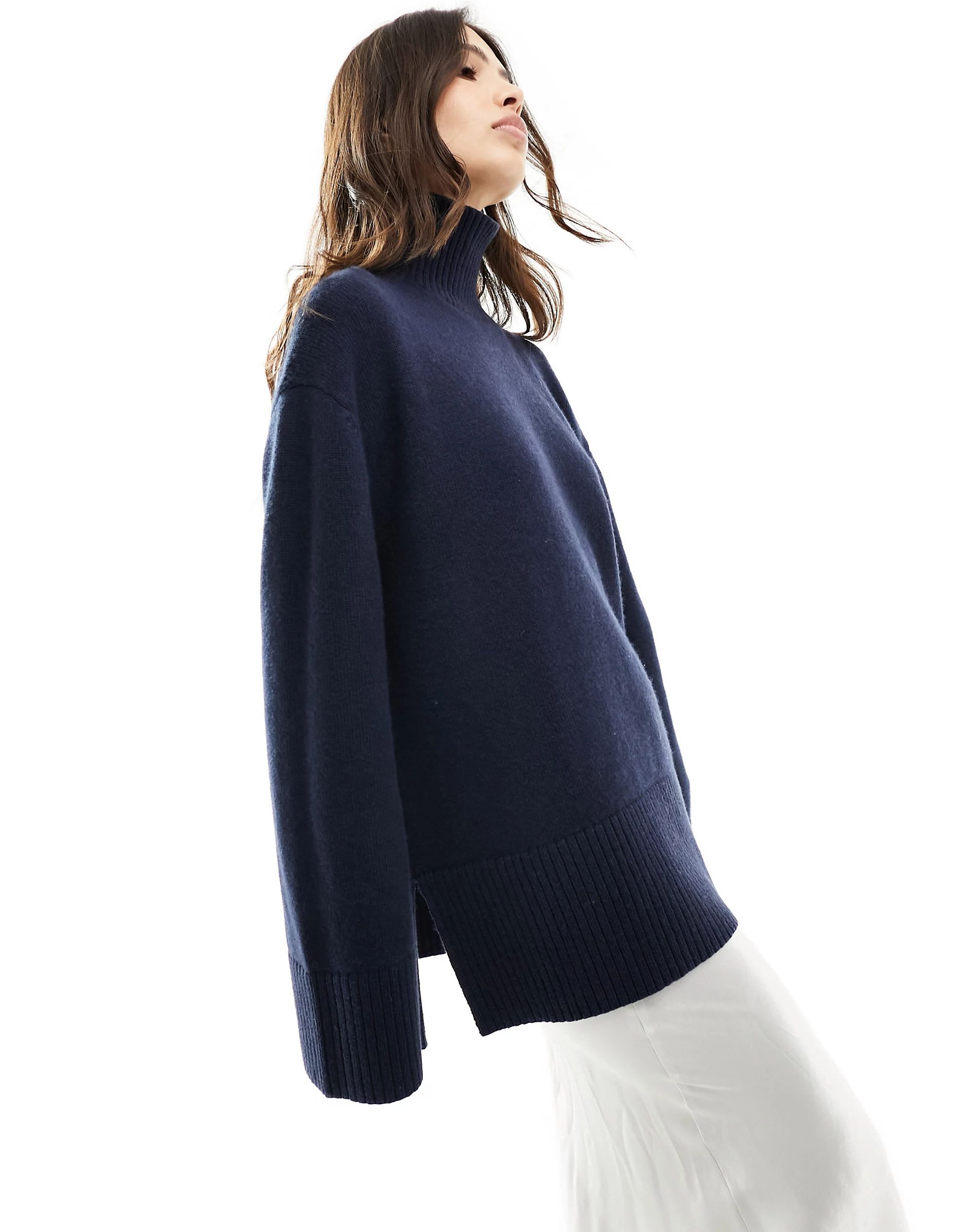 & Other Stories merino wool and cotton blend high neck oversize jumper in dark blue | ASOS (Global)