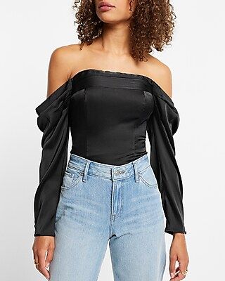 Satin Two Tone Off The Shoulder Corset Cropped Top | Express