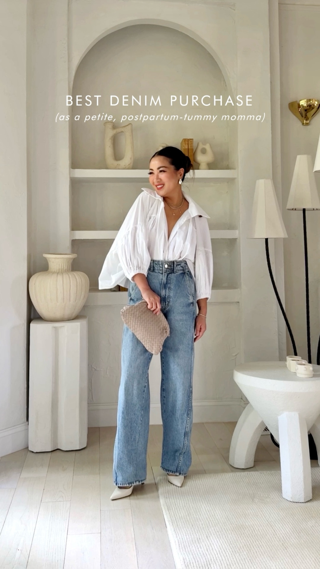 These jeans are currently on sale at nearly 70% OFF on the @apieceapart site.

Did you notice the twist front panel detailing? 😍 It’s so hard to find jeans that are classic yet unique *and* fit my body. Love these jeans! Super flattering, elongating and works well on petite frames. Definitely will be the most worn pair this year! 

For size reference, I’m 5 ft 110 pounds and my usual denim size is 26. I sized up to size 27 in these jeans. After washing and drying, they fit perfectly and comfortably when sitting. I’d recommend taking your usual size and consider sizing up if you have a postpartum tummy/looking for midsection-friendly comfort. Another consideration, I shorten the length by a few inches to fit my petite frame. The design accommodates hemming because it still keeps the relaxed draped look. 

The blouse is unfortunately very old and no longer available. I found some similar ones and linked them here.

#LTKStyleTip #LTKOver40 #LTKSaleAlert