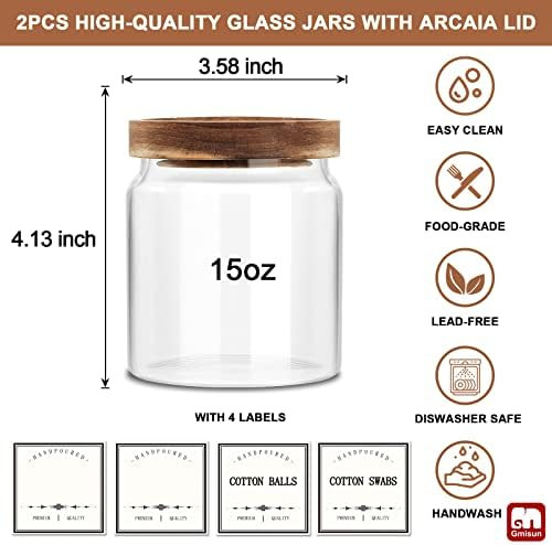 Glass Qtip Holder Dispenser , Cotton Swab Holder, GMISUN 2PCS 15oz Apothecary Jar with Acacia Lid ,G | Amazon (US)