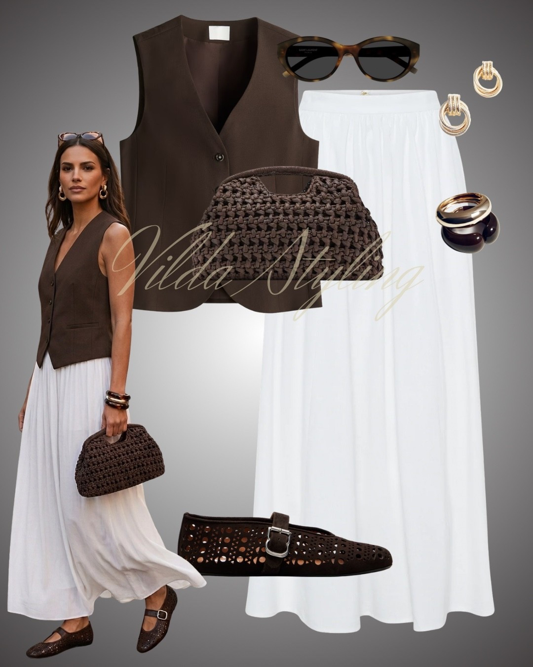 Chocolate & Vanilla Swirl
This outfit swaps the classic black-and-white combo for a rich, earthy chocolate brown paired with crisp ivory, creating a softer yet equally powerful aesthetic.#QuietLuxury #ChocolateBrownTrend #SummerTailoring #MaxiSkirtStyle #OldMoneyAesthetic 

#LTKstyletip #LTKsummer #LTKspring