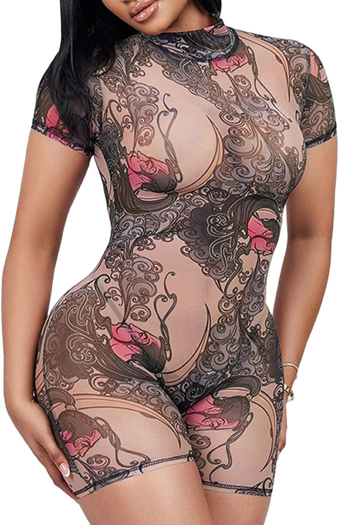 Sexy Jumpsuits for Women, Printed Short Sleeve Backless Romper One Piece Club Outfits for Women, ... | Amazon (US)