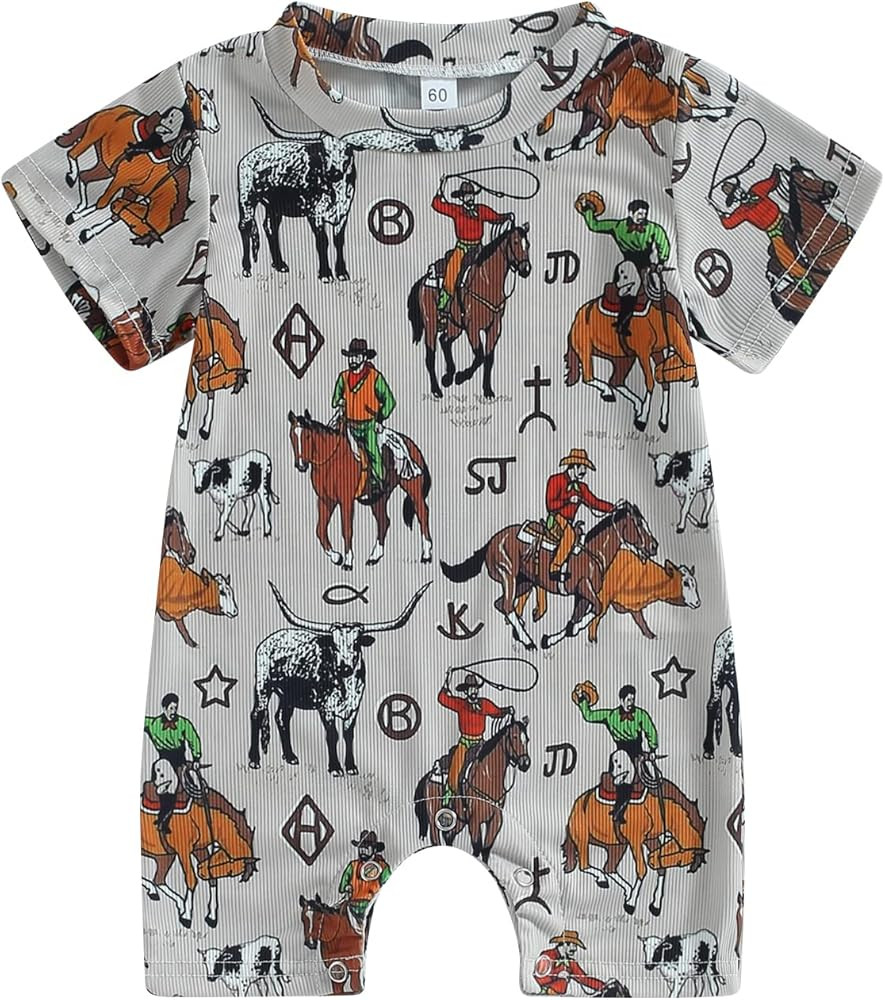 Gueuusu Country Baby Clothes Boy Girl Western Cow Print Short Sleeve Romper Bodysuit Ribbed One P... | Amazon (US)