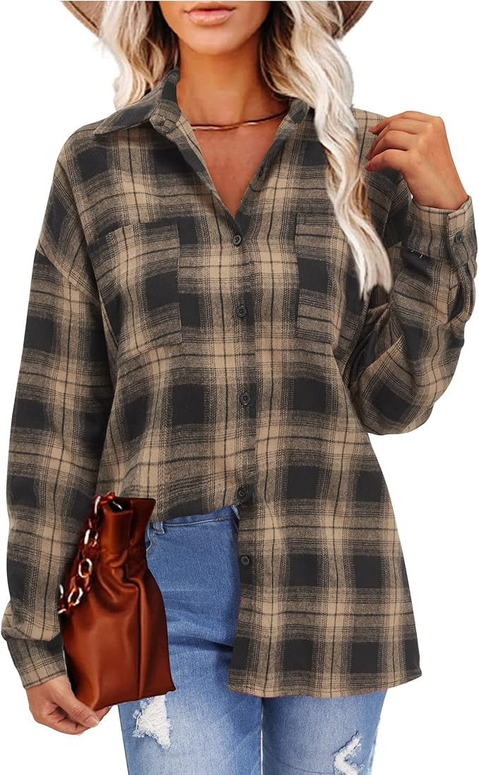 LAISHEN Womens Flannel Plaid Shirts Oversized Long Sleeve Button Down Blouse Tops | Amazon (US)