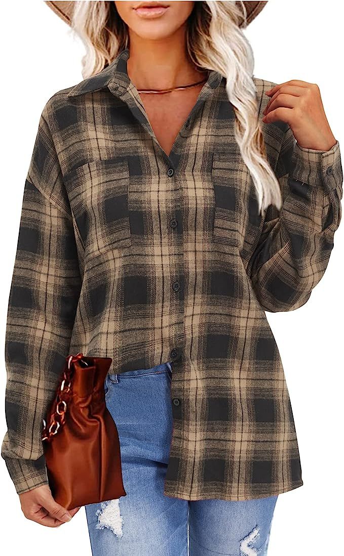 LAISHEN Womens Flannel Plaid Shirts Oversized Long Sleeve Button Down Blouse Tops | Amazon (US)