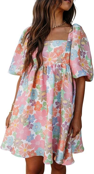 Women's Pink Summer Floral Square Neck Puff Sleeve Babydoll Dress Casual Floral Mini Dresses | Amazon (US)