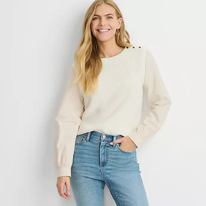 Women's Drifter Shaker Button Shoulder Sweater Vest with Poplin Sleeves | Lands' End (US)