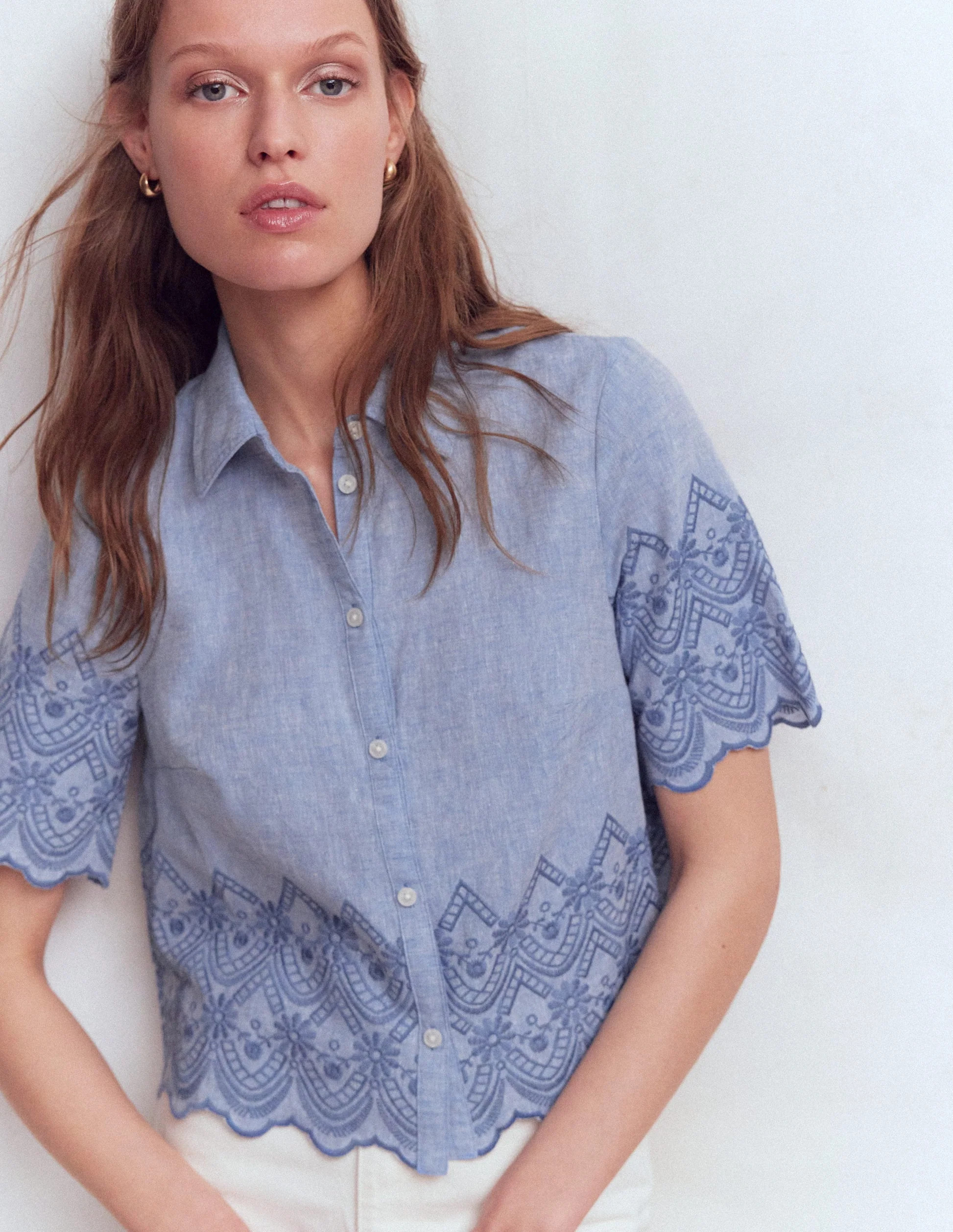 Short Sleeve Broderie Shirt-Chambray | Boden (US)