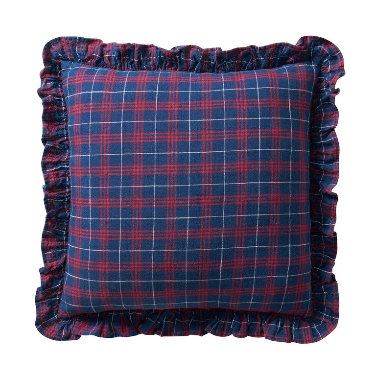 My Texas House 18"x18" Navy Ruffle Plaid Cotton Decorative Pillow | Walmart (US)